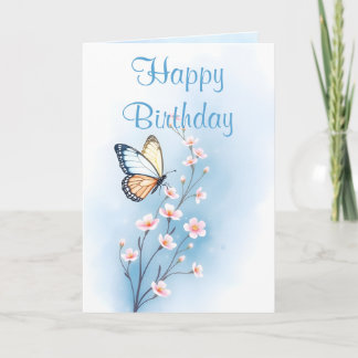 Blauw Aquarel Bloem Vlinder Gelukkige Verjaardag Kaart