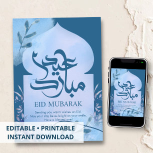 Blauw Aquarel Bloemboog Eid Mubarak Kaart