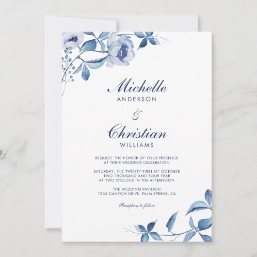 Blauw Aquarel Bloemen Bruiloft Uitnodiging (Voorkant)