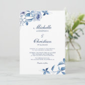 Blauw Aquarel Bloemen Bruiloft Uitnodiging (Staand voorkant)