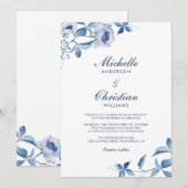 Blauw Aquarel Bloemen Bruiloft Uitnodiging (Voorkant / Achterkant)