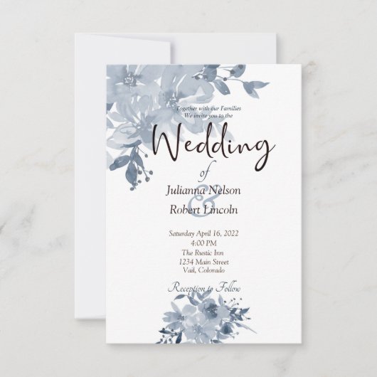 Blauw aquarel bloemen bruiloft uitnodiging (Voorkant)