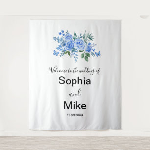 Blauw Aquarel Bloemen- en Vlinderhuwelijk Wandkleed