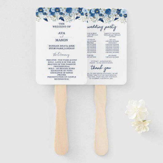  blauw aquarel bloemenbruiloft handwaaier (Voorkant en achterkant)
