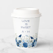 blauw aquarel bloemenbruiloft papieren bekers (Voorkant)