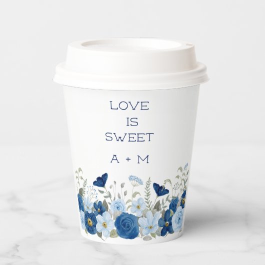 blauw aquarel bloemenbruiloft papieren bekers (Voorkant)