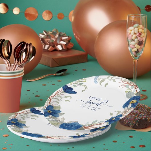  blauw aquarel bloemenbruiloft papieren bordje (Multi)