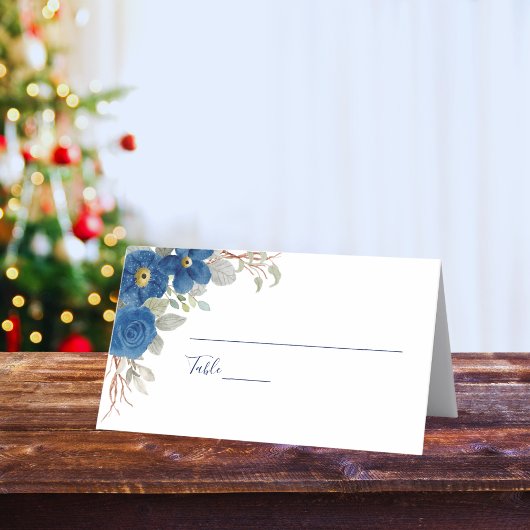  blauw aquarel bloemenbruiloft plaatskaartje