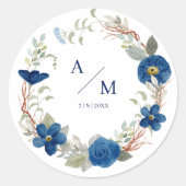 blauw aquarel bloemenbruiloft ronde sticker (Voorkant)