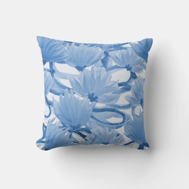 Blauw Aquarel Bloemendesign Kussen (Voorkant)
