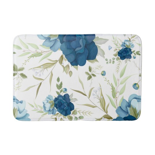Blauw Aquarel Bloemendessin Badmat (Voorkant)