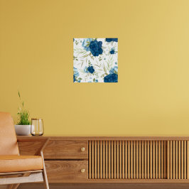 Blauw Aquarel Bloemendessin Poster
