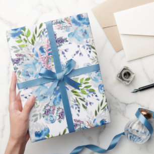 Blauw Aquarel Bloemendessinpatroon Cadeaupapier