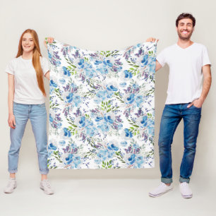 Blauw Aquarel Bloemendessinpatroon Fleece Deken