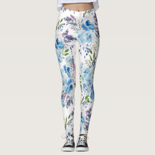 Blauw Aquarel Bloemendessinpatroon Leggings