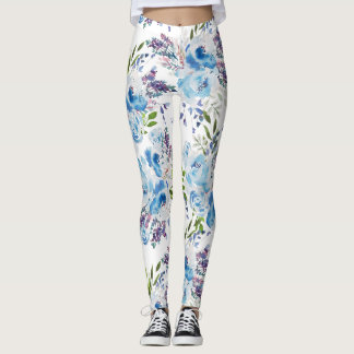 Blauw Aquarel Bloemendessinpatroon Leggings