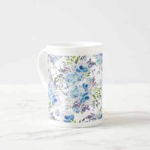 Blauw Aquarel Bloemendessinpatroon Porselein Kop