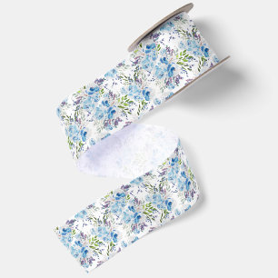 Blauw Aquarel Bloemendessinpatroon Satijnen Lint