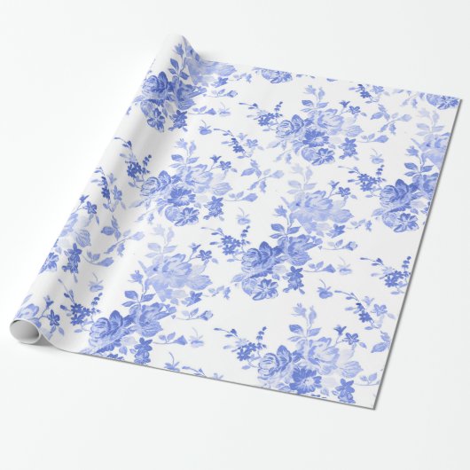 Blauw Aquarel Bloemetuin Cadeaupapier (Uitgerold)
