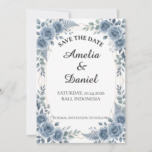 Blauw Aquarel Bloemig Bewaar de Datum Save The Date (Voorkant)