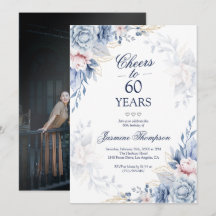 Blauw Aquarel Bloemig Elegant Foto 60e Verjaardag