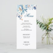 Blauw aquarel bloemig trouwmenu menu (Staand voorkant)