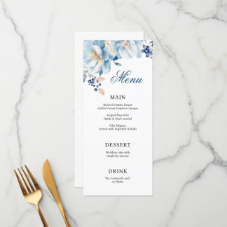 Blauw aquarel bloemig trouwmenu menu