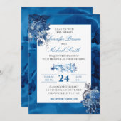 Blauw Aquarel Bloemige Elegante Trouw Kaart (Voorkant / Achterkant)