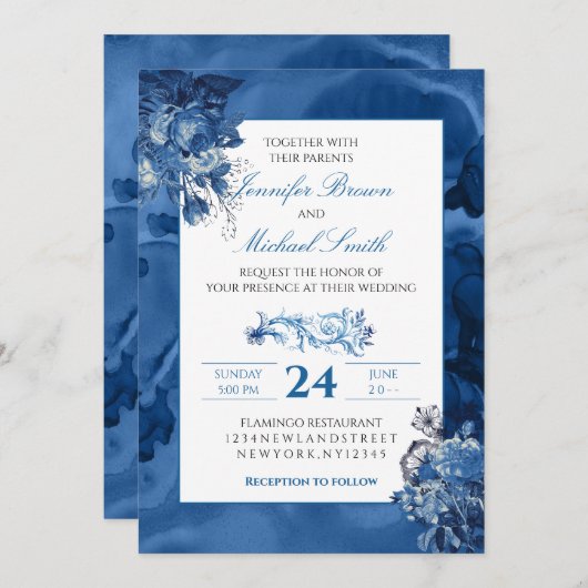 Blauw Aquarel Bloemige Elegante Trouw Kaart (Voorkant / Achterkant)