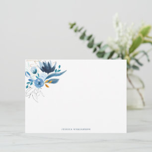 Blauw Aquarel Bloemige Gepersonaliseerde Naam Notitiekaartje