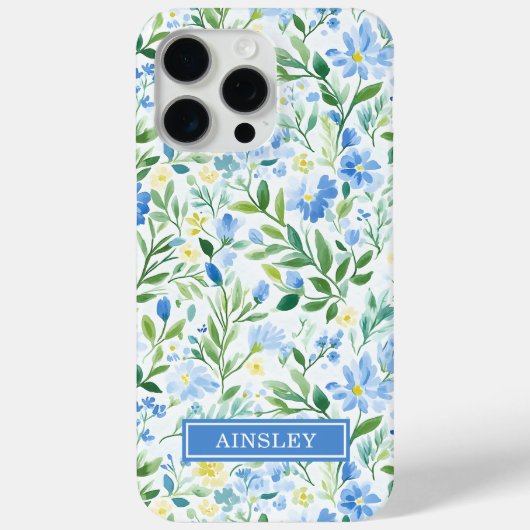 Blauw Aquarel Bloemige Monogram Case-Mate iPhone Case (Achterkant)