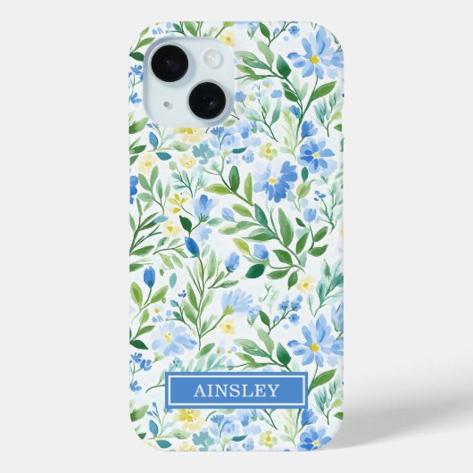 Blauw Aquarel Bloemige Monogram Case-Mate iPhone Case (Achterkant)