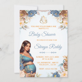 Blauw Aquarel Bloemmotief Indiase Baby Shower Uitn Kaart