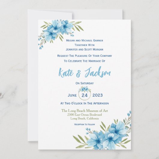 Blauw Aquarel Bloemmotief Kaart (Voorkant)