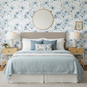 Blauw aquarel bloempatroon behang