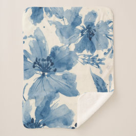 Blauw Aquarel Bloemschilderij Botanische Whimsical Sherpa Deken