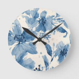 Blauw Aquarel Bloemschilderwerk Botanisch Whimsica Ronde Klok