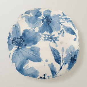 Blauw Aquarel Bloemschilderwerk Botanische Fantasi Rond Kussen