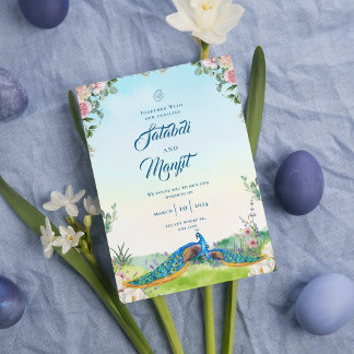Blauw Aquarel Bloemstuk Indische Pauw Huwelijk Kaart