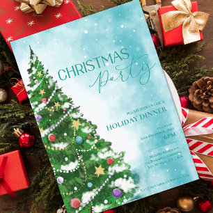 Blauw Aquarel Boom Kerstfeest Uitnodiging