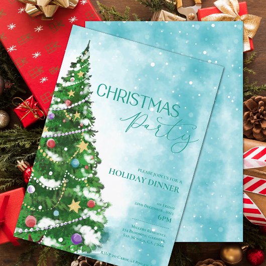 Blauw Aquarel Boom Kerstfeest Uitnodiging