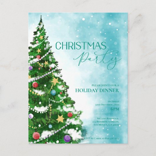 Blauw Aquarel Boom Kerstfeest Uitnodiging (Voorkant)