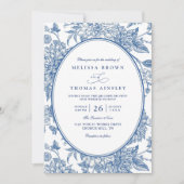 Blauw Aquarel Botanisch Bloemmotief QR Code Trouwe Kaart (Voorkant)