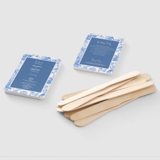 Blauw Aquarel Botanisch Bloemstuk Trouwprogramma  Handwaaier (Niet-gemonteerd)