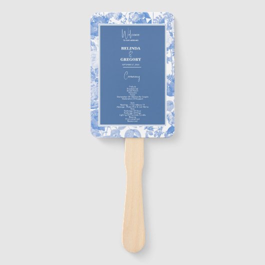 Blauw Aquarel Botanisch Bloemstuk Trouwprogramma  Handwaaier (Voorkant)