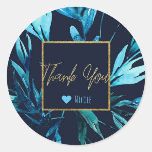 Blauw Aquarel Botanisch Glam Bruidsfeest Favor Ronde Sticker
