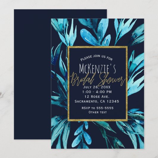Blauw Aquarel Botanisch Glam Bruiloftsfeest  Kaart (Voorkant / Achterkant)