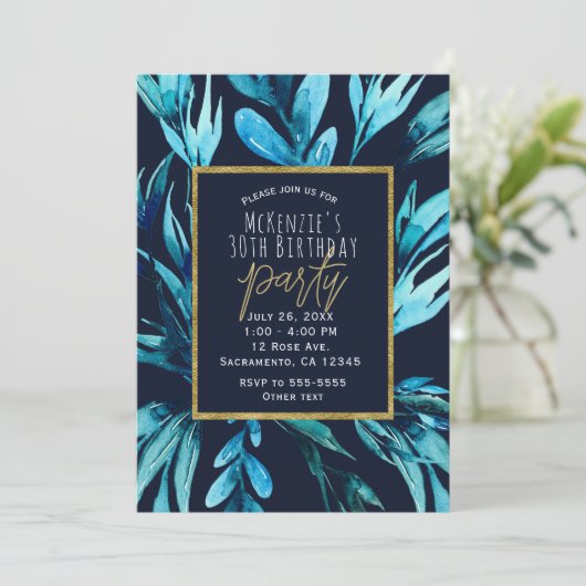 Blauw Aquarel Botanisch Glam Verjaardagsfeest Kaart (Staand voorkant)