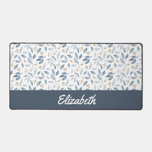 Blauw Aquarel Botanisch Patroon Aangepaste Naam Bureaumat (Voorkant)