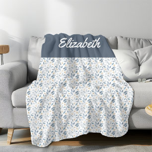 Blauw Aquarel Botanisch Patroon Aangepaste Naam Fleece Deken